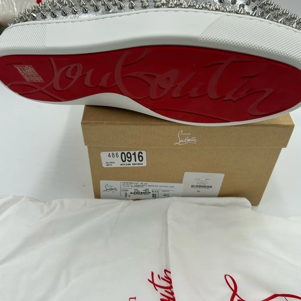 Men's Christian Louboutin roller boat, metallic silver spiked sneakers size 46
